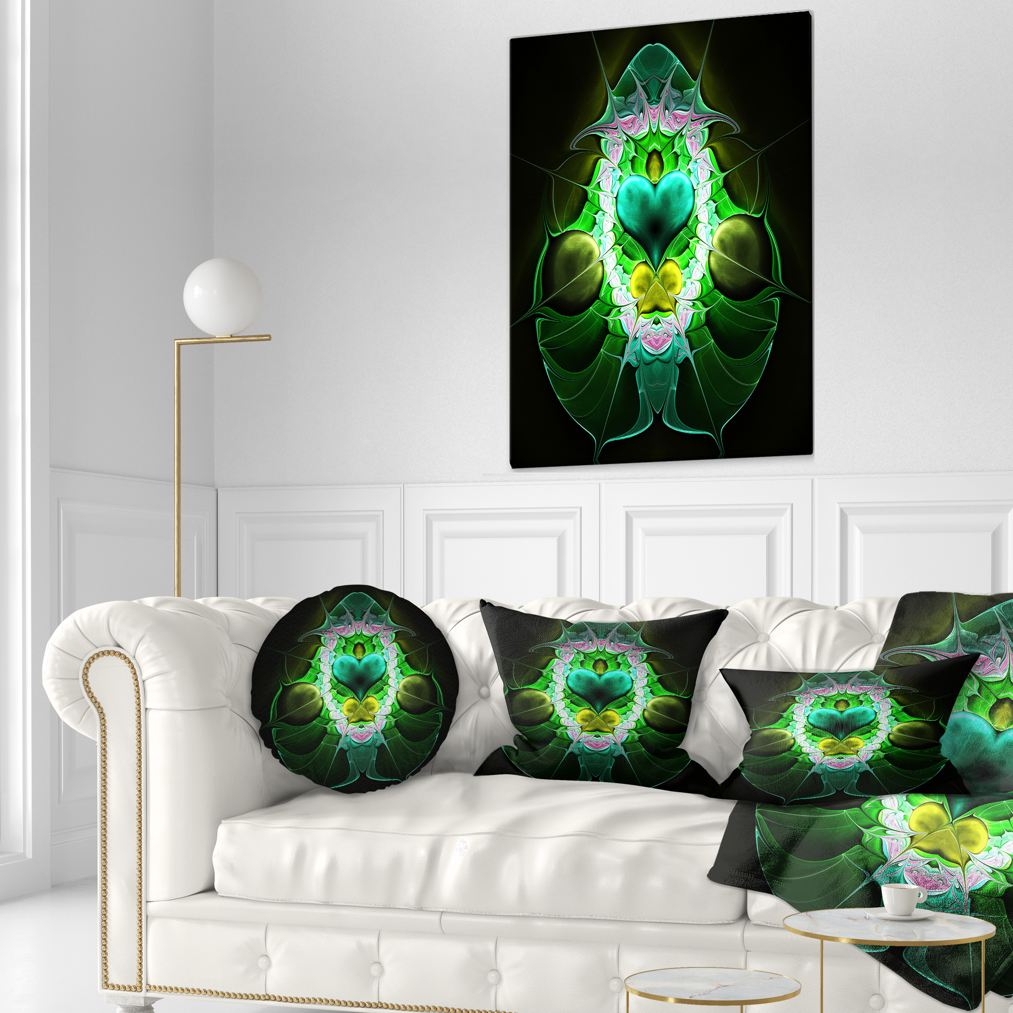 Designart Large Symmetrical Fractal Heart Green - Abstract Throw Pillow - 12x20