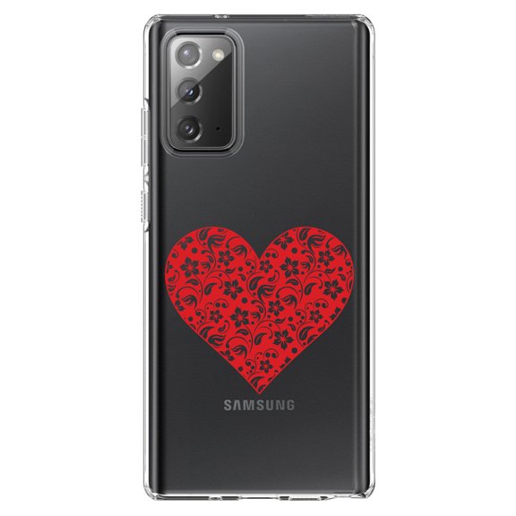 DistinctInk Clear Shockproof Hybrid Case for Samsung Galaxy Note 20 (6.7" Screen) - TPU Bumper Acrylic Back Tempered Glass Screen Protector - Red Floral Heart Clear