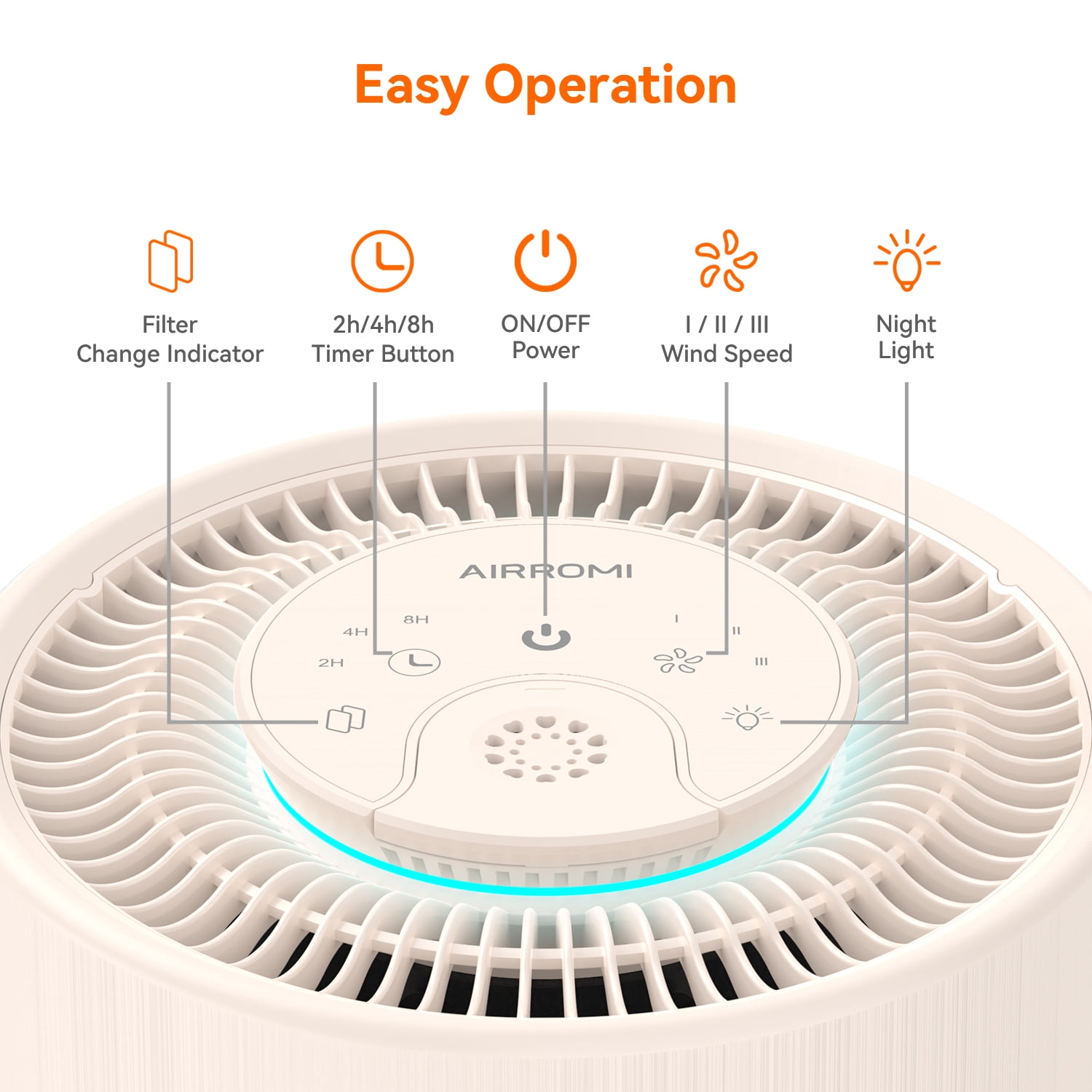 AIRROMI Air Purifier for Home Bedroom Covers 990 Ft² - Hepa 3-in-1 Filter, with Aromatherapy, Night Light & Timer, Remove Smoke, Pet Dander, Odor, Dust,A2001 Beige