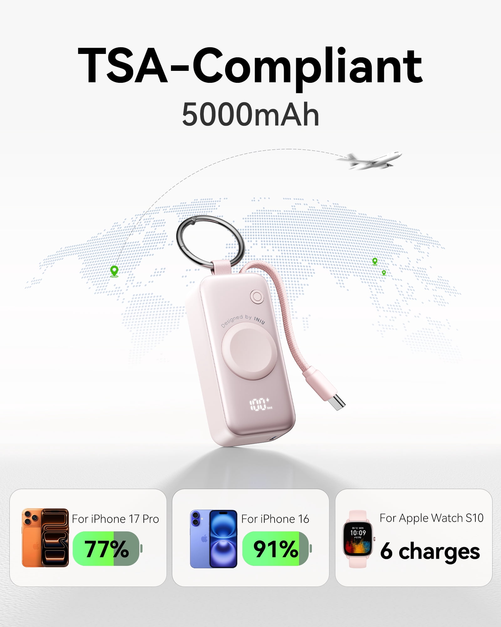 INIU 3-in-1 Portable Charger, Small 5000mAh Wireless Power Bank with Built-in Cable for Apple Watch 10/9/8/Ultra2/Ultra/SE, iPhone 17/16 etc, Pink