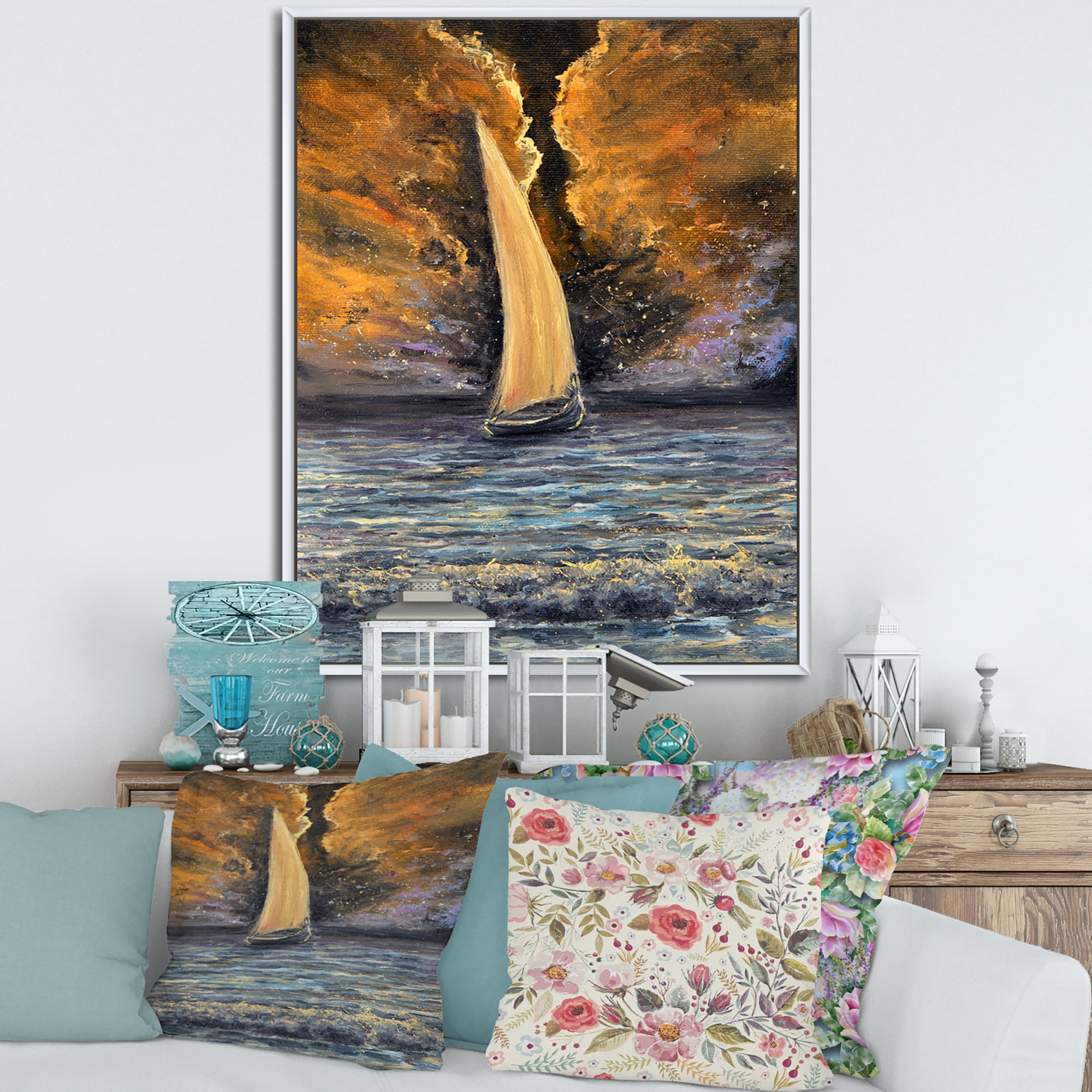 Designart 'Sailship On The Ocean At Morning' Nautical & Coastal Framed Canvas Wall Art Print
