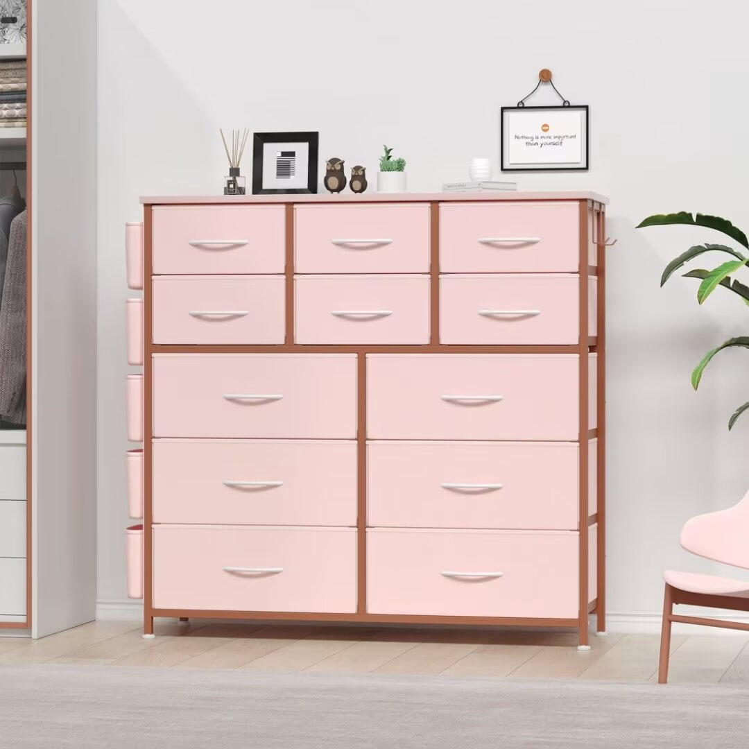 Dresser for Bedroom with 12 Drawers, Wide Fabric Dressers of Drawers with Side Pockets, Chest of Drawers for Living Room, Closet, Hallway, Pink