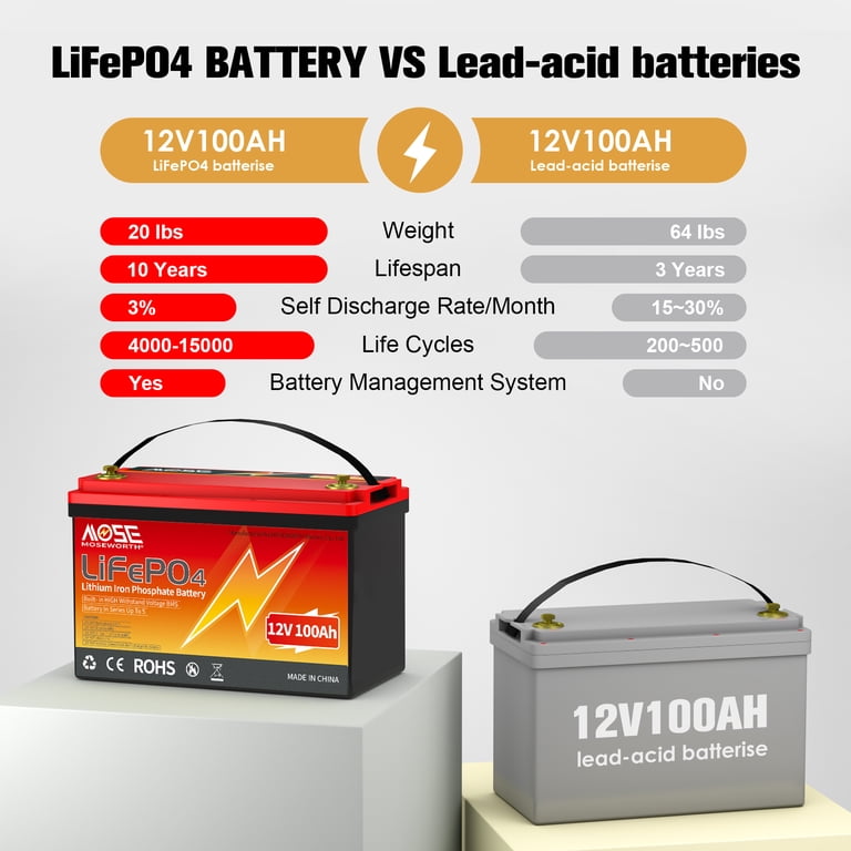 MOSEWORTH 12V 100Ah LiFePO4 Battery Group 31 Deep Cycle Low Temp