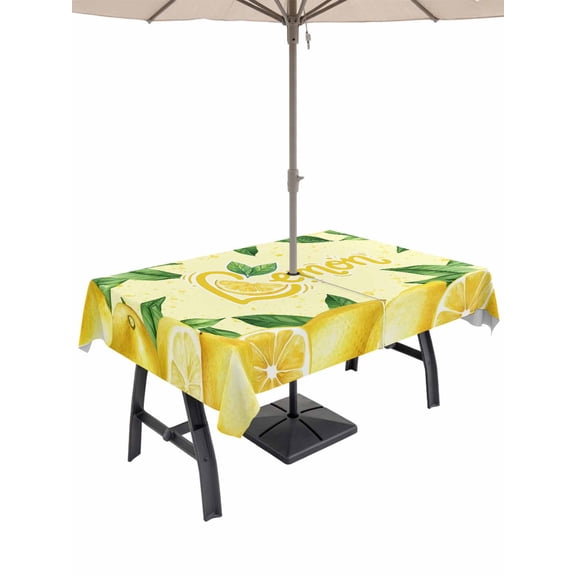 Outdoor Tablecloth with Umbrella Hole for Patio/Picnic/Party/Camping, Yellow Lemon Waterproof Table Cloth Rectangle Table Cover Washable, Summer Botanical Lemons Cute Yellow (60"x 84")