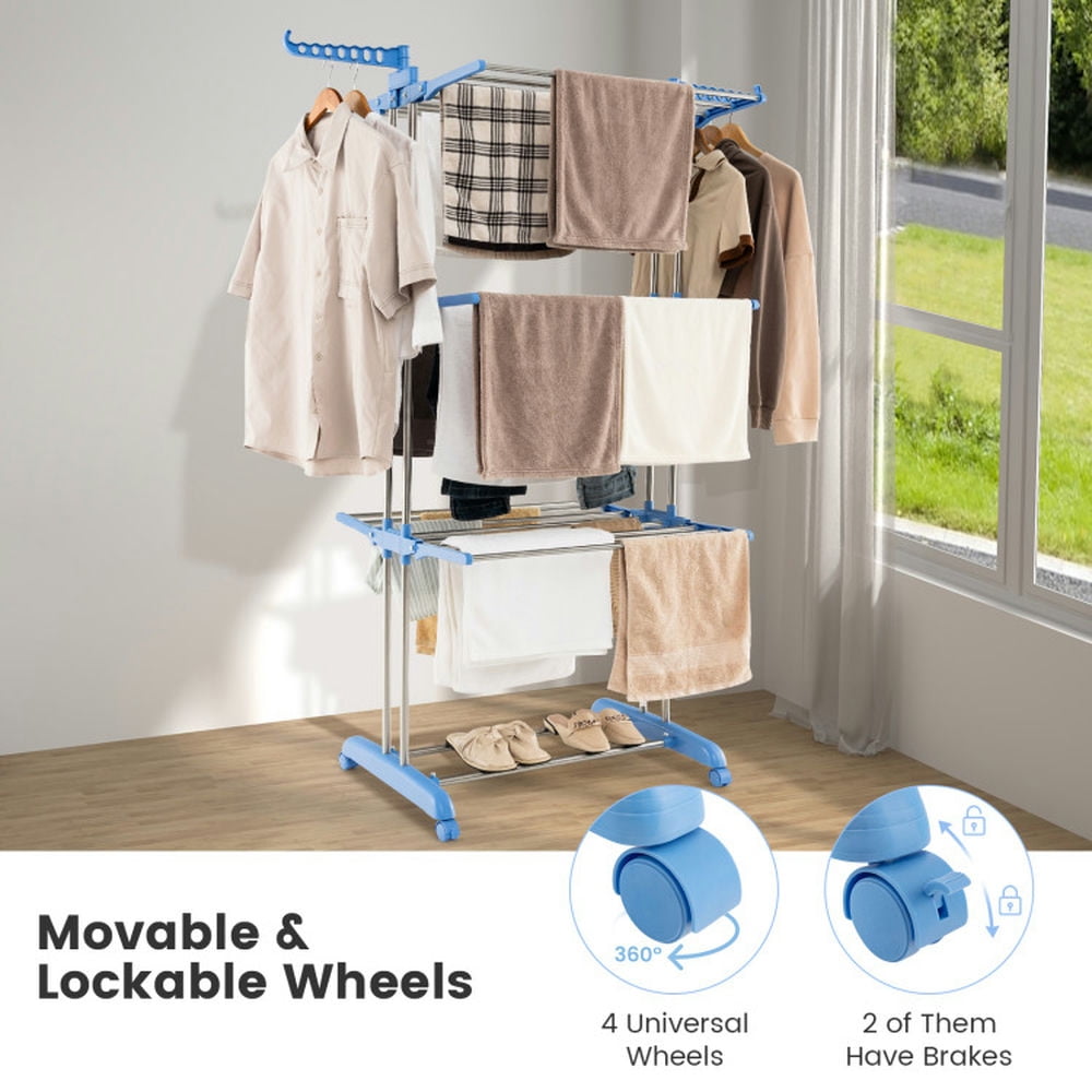 Finihen Drying Rack, Clothes Drying Rack, 4-tier Folding Clothes Drying Rack with Rotatable Side Wings, for Indoor, Outdoor, Blue Finihen Drying Rack, Clothes Drying Rack, 4-tier Folding Clothes Drying Rack with Rotatable Side Wings, for Indoor, Outdoor, Blue