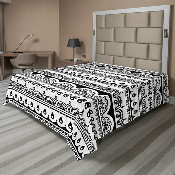 Ambesonne Tribal Flat Sheet, Borders with Leaf, King Size, Black and White