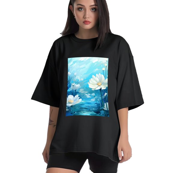 Plus Size Shirt for Women Black Tops for Women Short Sleeves Shirt for Women Flower 15 T Shirt Crewneck Shirt for Women XS