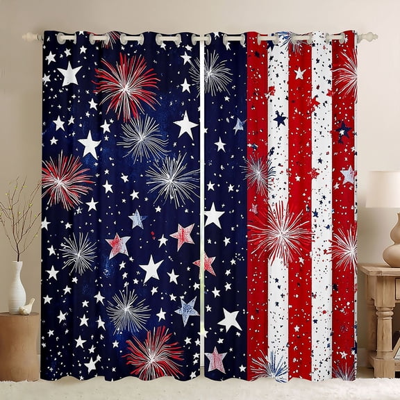 Feelyou July Fourth Teens Curtains Pack of 2 (42x84 Each), Dreamy Firework Stars Curtains Blackout, Retro American Flag Bedroom Curtains, Window Curtains Decor