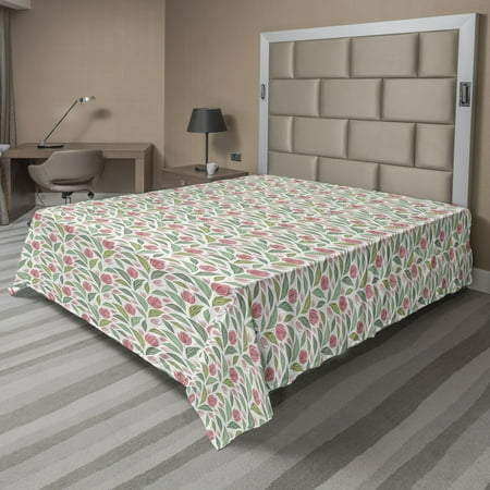 Floral Flat Sheet, Design of Striped Flowers and Leaves Blots Pastel Colored Vintage Pattern, Soft Comfortable Top Sheet Decorative Bedding 1 Piece, 6 Sizes, Ruby and Reseda Green, by Ambesonne