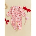 thumbnail image 3 of Elippeo Baby Girl Valentine’s Day Outfits Long Sleeve Heart Bow Print Ruffle Jumpsuit with Headband Set Newborn Clothes, 3 of 9