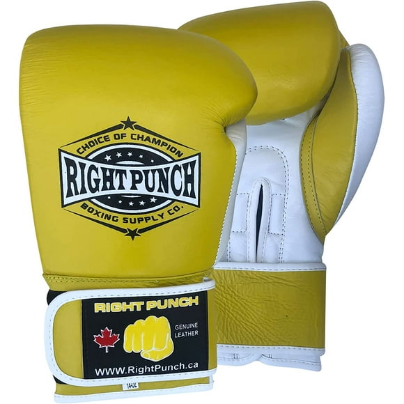 Right Punch Genuine Leather Boxing Gloves Youth Kickboxing Muay Thai Sparring Training Gloves for Men Women Adults – Yellow