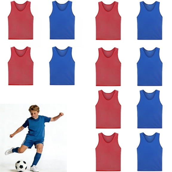 12 Pack Pinnies Team Practice Vests for Child, Mesh Scrimmage Jersey for Soccer Football Basketball(Blue & Red)