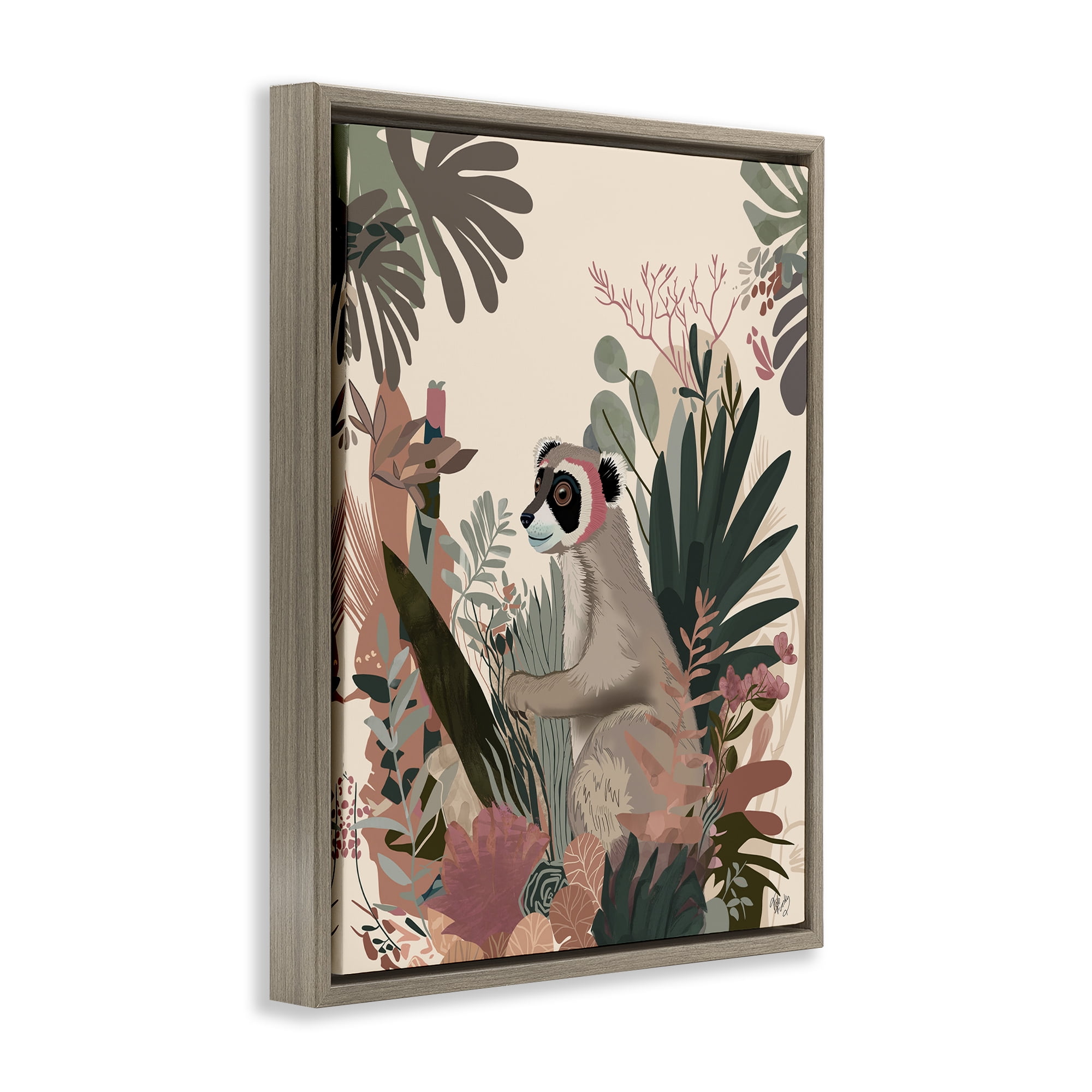 Stupell Industries Happy Lemur & Plants Animals & Insects Painting Brown Floater Framed Canvas Art Print Wall Art, 17 x 21
