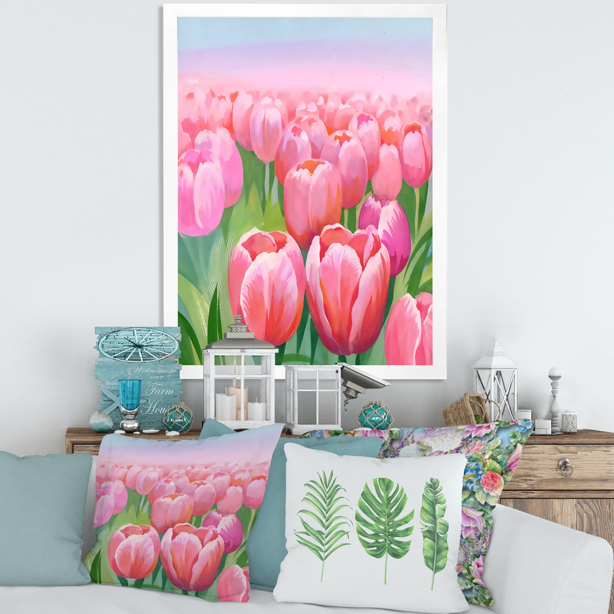Designart 'Pink Tulips in Field' Traditional Framed Art Print