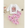 thumbnail image 2 of Bagilaanoe 2pcs Toddler Baby Girl Long Pants Set Letters Print Long Sleeve Sleeve Sweatshirt Tops + Heart Print Flare Trousers 12M 18M 24M 3T 4T 5T Kids Casual Outfits, 2 of 8