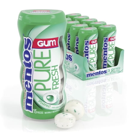 Mentos Pure Fresh Sugar-Free Chewing ;Gum with Xylitol, Spearmint, 15 Piece Bottle (Bulk Pack of 10)