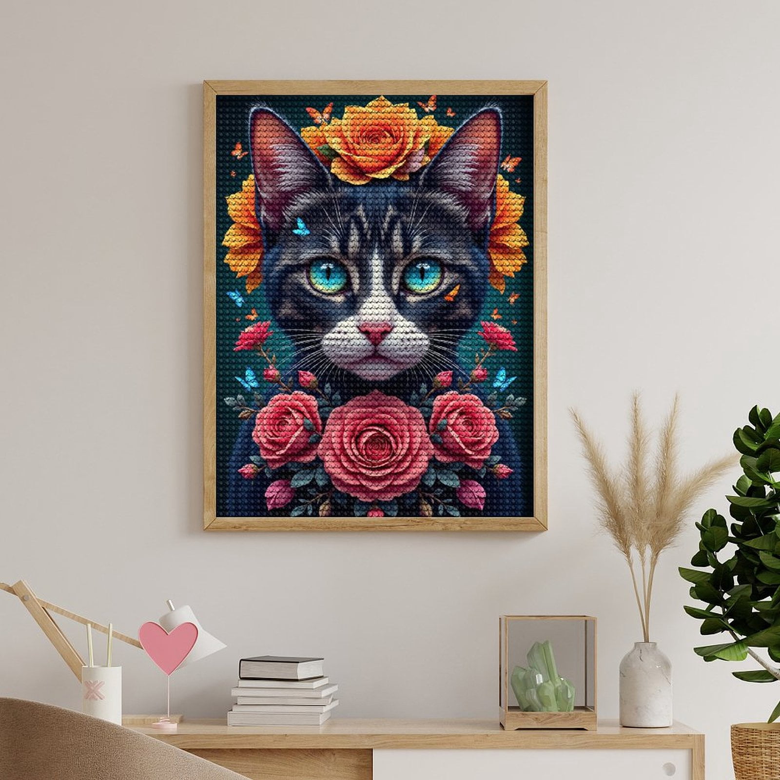 Diamond Art Kits for Adults, Cat Roses Butterflies Bright Blue Eyes 5D Diamond Painting Kits for Adults Beginners, DIY Full Drill Diamond Painting, Gem Art and Crafts 12x16