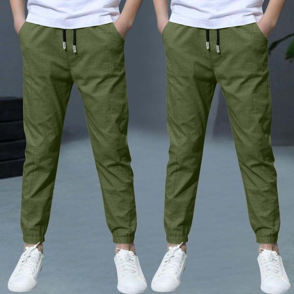 Falkdiz Boys Cotton Linen Pants Sport Outdoor Pockets Drawstring Stylish Relaxed fit Joggers Trousers for Boys Elastic Waist, Army Green, Size: 3 Years