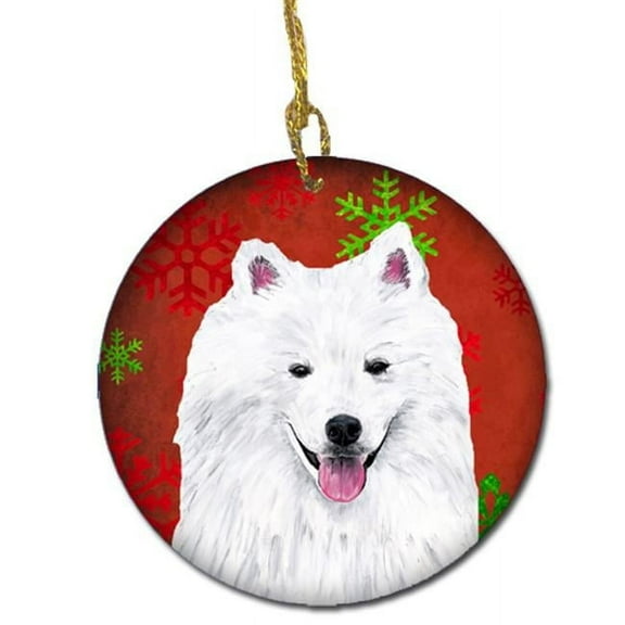 American Eskimo Red Snowflakes Holiday Christmas Ceramic Ornament