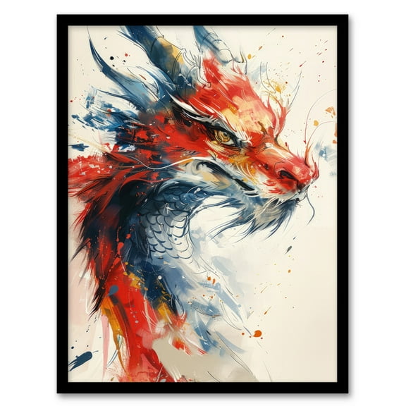 Artery8 Chinese Dragon Red Blue Fantasy Concept Art For Living Room Art Print Framed Poster Wall Decor 12x16 inch