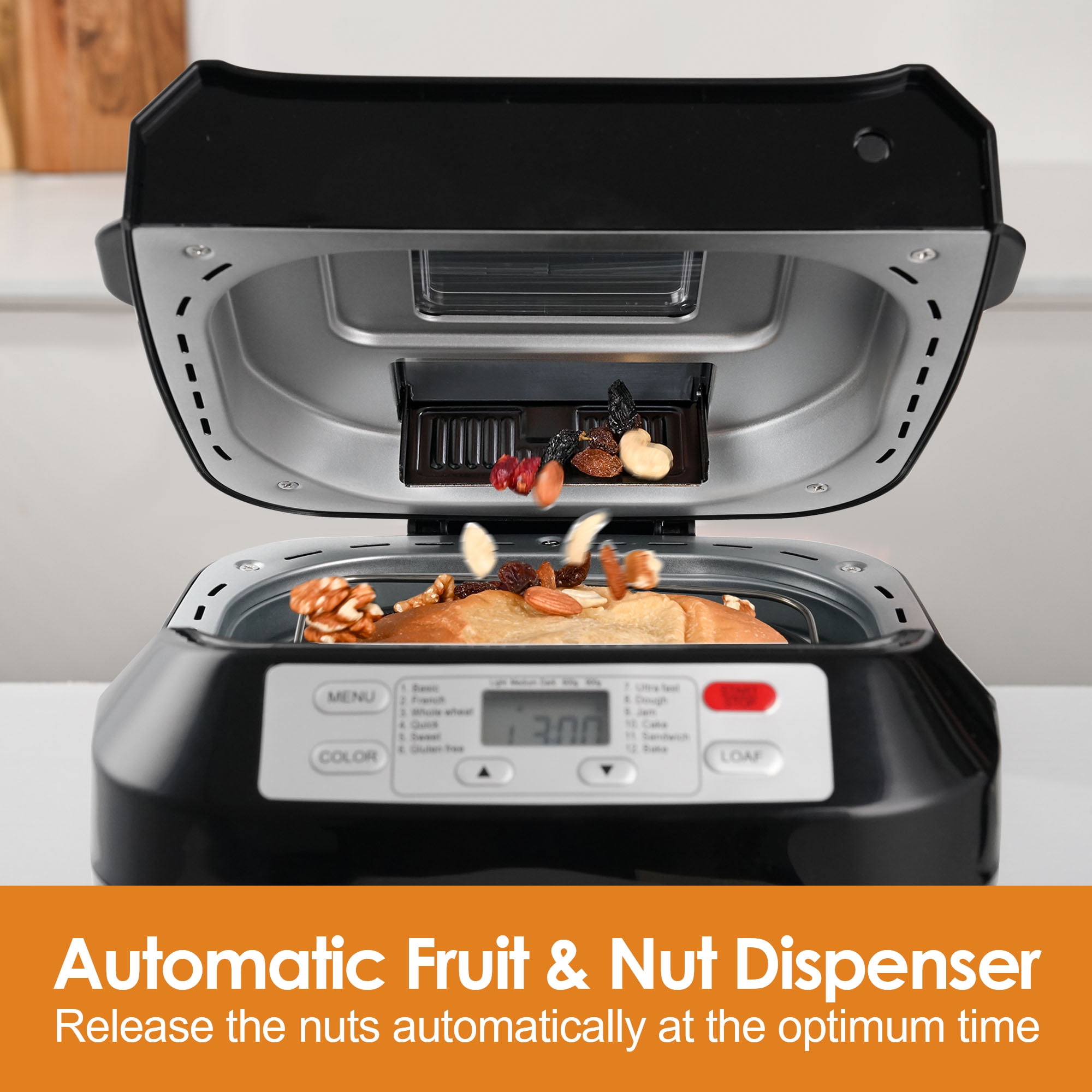 Kitchen in the Box 2lb Bread Maker with Auto Fruit Nut Dispenser, 12-in-1 Gluten-Free Bread Machine, 13H Delay Timer, Nonstick Pan, Keep Warm, Black