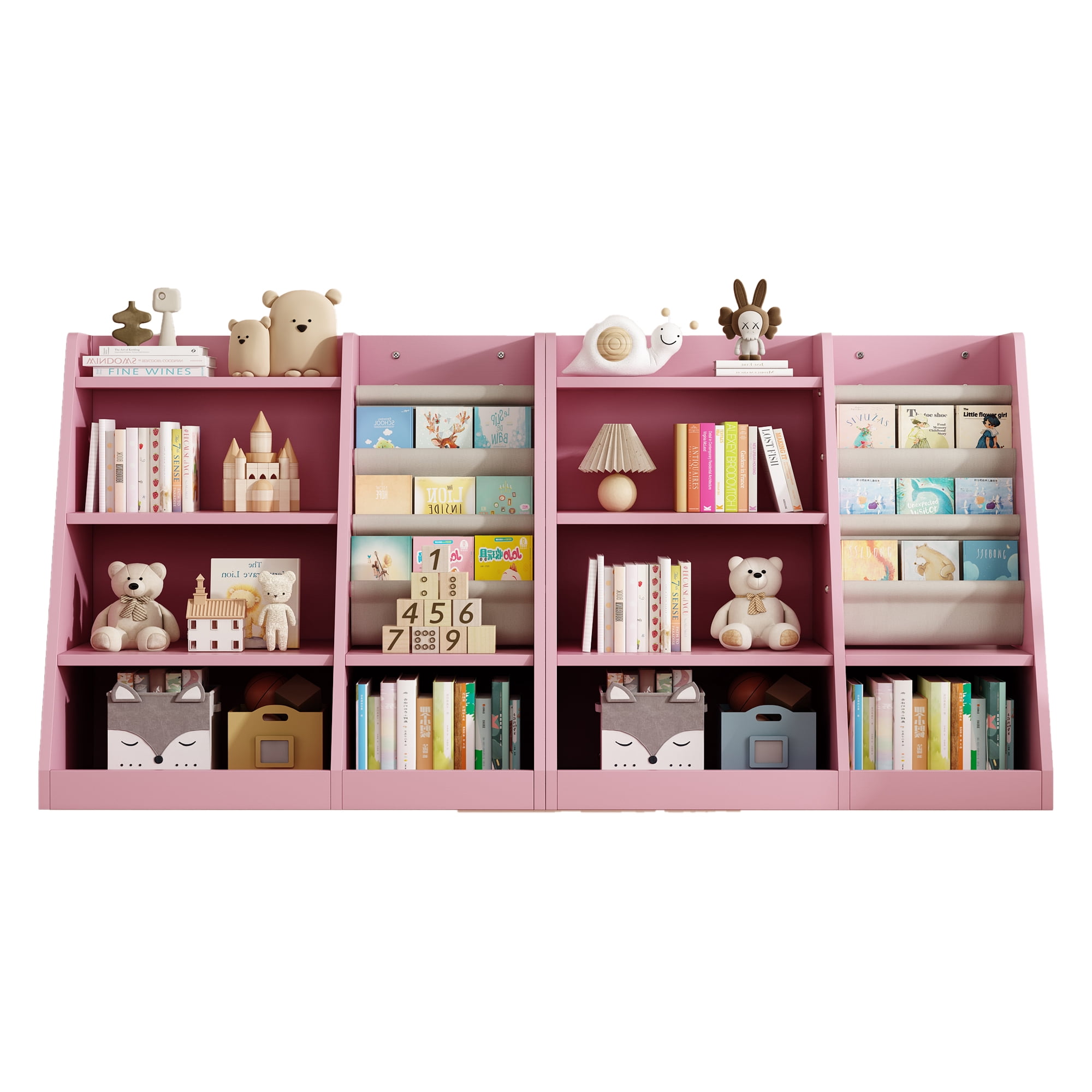 Aukfa Kids Bookshelf and Toy Storage,Wood Storage Organizer for Playroom Bedroom,Pink