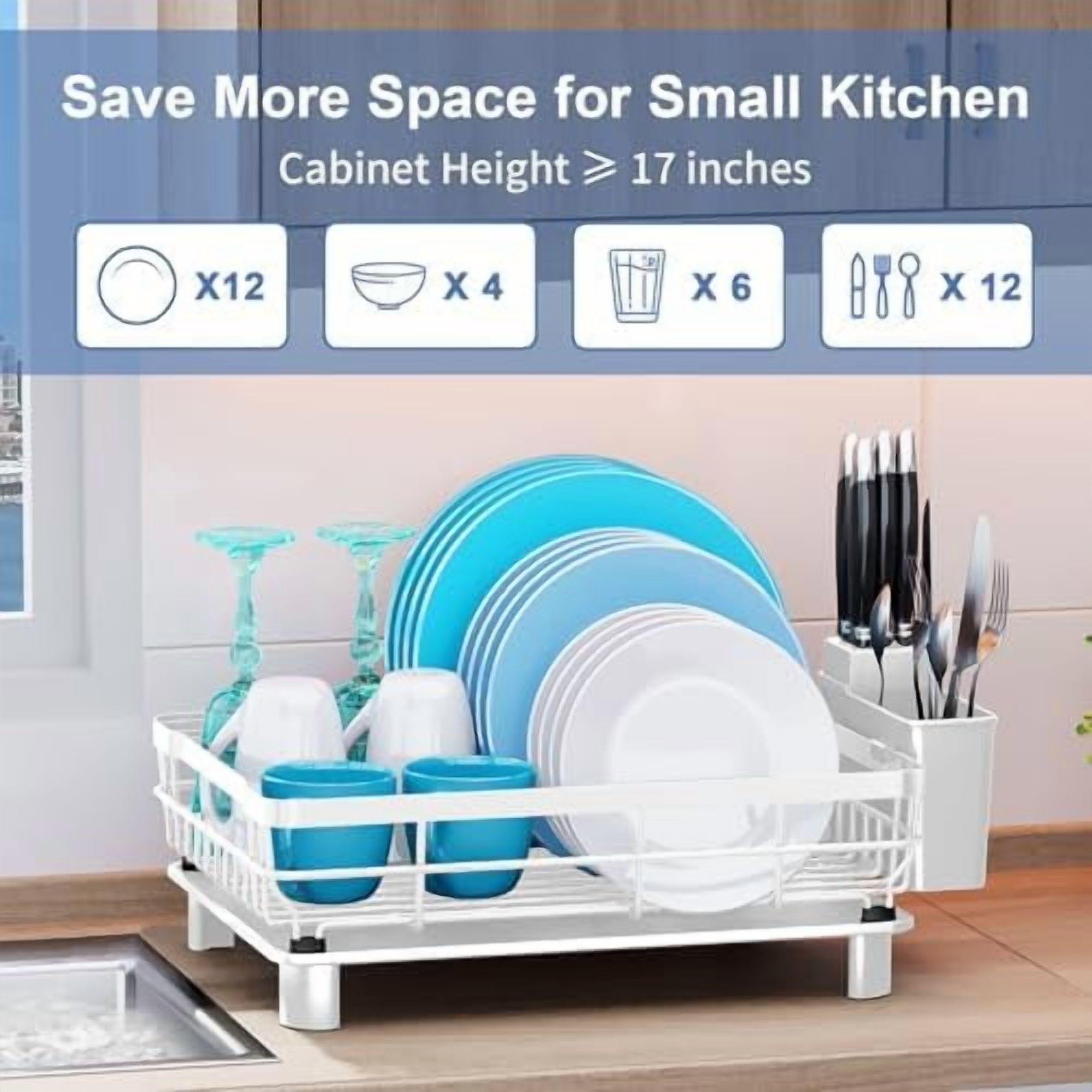 Dish Drying Rack, Dish Rack, Stainless Steel Dish Racks for Kitchen Counter, Dish Drainer with Removable Utensil Holder, Drainboard (White,13''W x 17''L)
