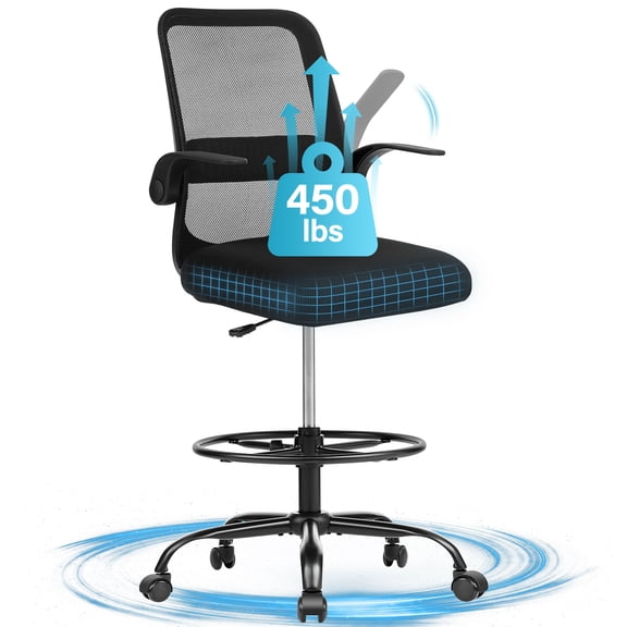JONPONY 450LBS Office Drafting Chair, Executive Rolling Swivel Chair with Adjustable Foot Ring and Flip-Up Arms, Comfy Thicken Cushion, Breathable Mesh Standing Desk Chair, Black