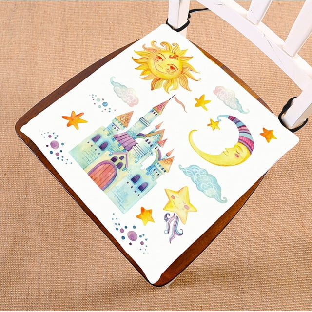 ABPHQTO Cuento de hadas, lindo dragón, castillo mágico, pequeña princesa, corona, nubes, cojín para silla, cojín para asiento, cojín para silla, cojín para suelo, 50x50 cm