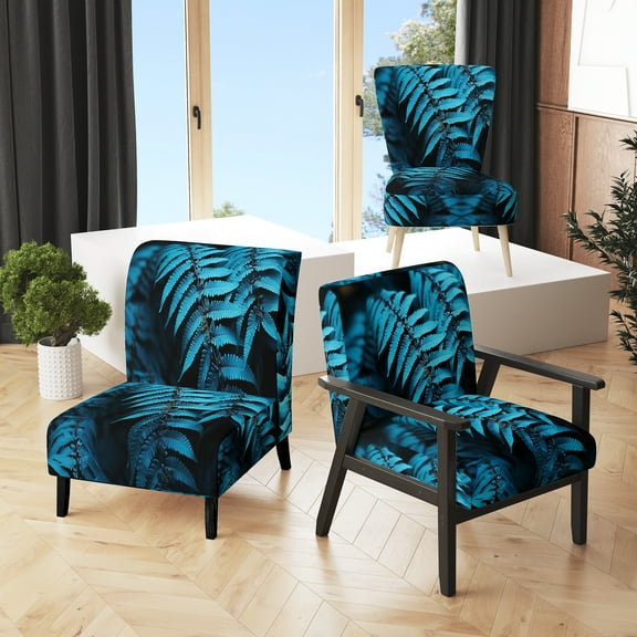 Designart "Whimsy Among Turquoise Ferns I" Blue Ferns Upholstered Accent Chair - Modern Arm Chair For Living Room
