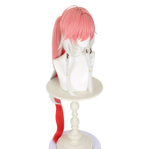 Peluca larga para cosplay de 80 cm, rosa y blanca con trenzas, sintética