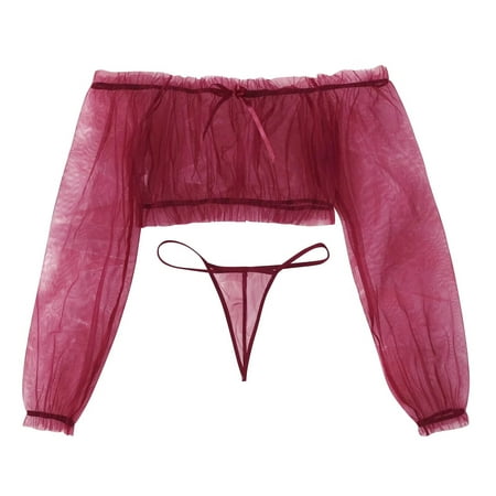 

Intimates Women Lace Set Sleepwear Pajamas Lingerie Thong Brief Underpant G-String Polyester Simple Long Sleeve Shirts for Women Wine