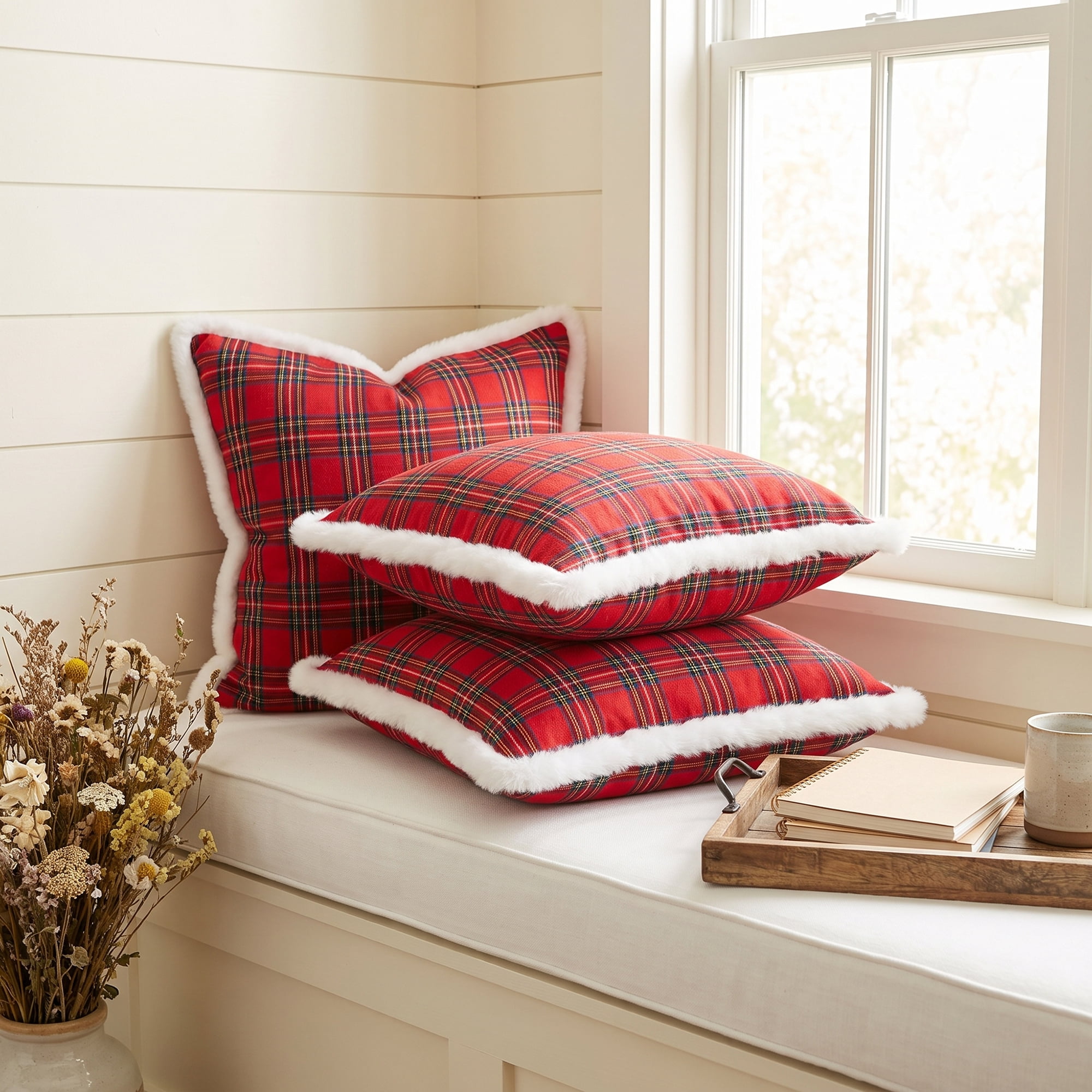 Unique Bargains Plaid Throw Pillow Covers Tartan Cushion Cases Red Plaid Fur Trim 18"x18"