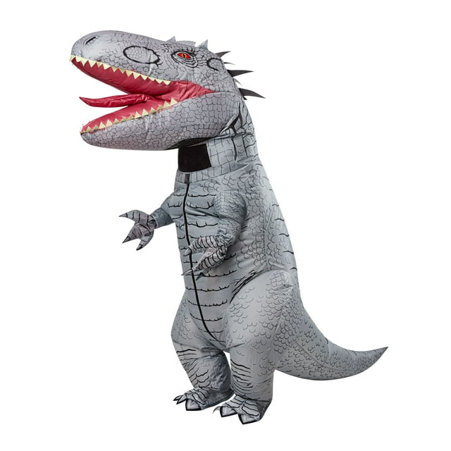 Unisex inflatable Jurassic World Rebirth Indominus Rex costume for adults featuring detailed gray scales, red eyes, and sharp teeth.