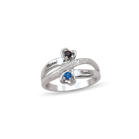 Personalized Heart Design Engravable Couple's Birthstone Ring in Sterling Silver with Diamond Accents by Jewlster