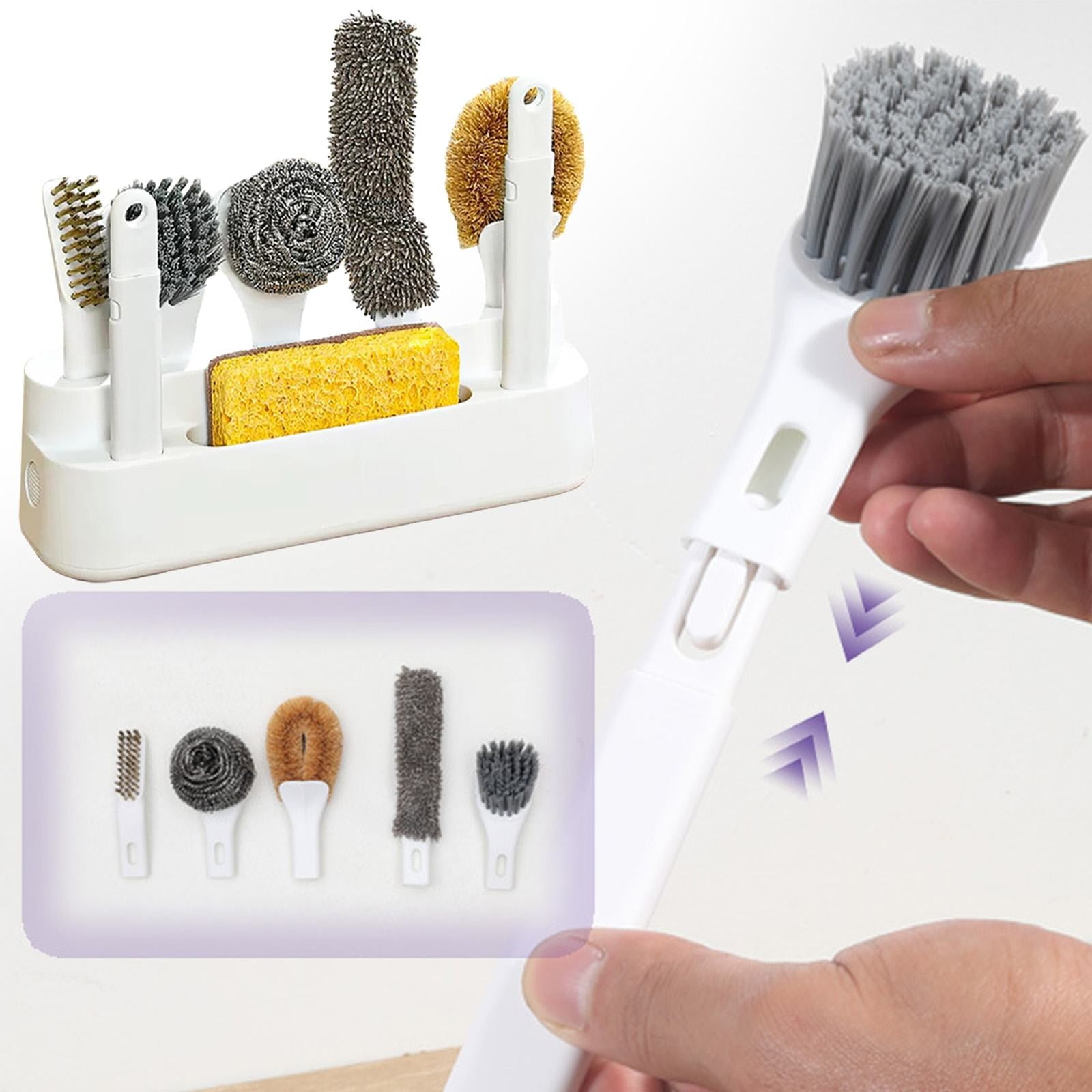 Dish Brush Set Of 6 With Holder, Kitchen Counter Cleaning Brush Set,Easy Storage,Kitchen Scrub Brushes With Non-Slip Long Handle For Cleaning, Scrubber, Dishwashing, Dishes, Bottles, Cups, Pots,White