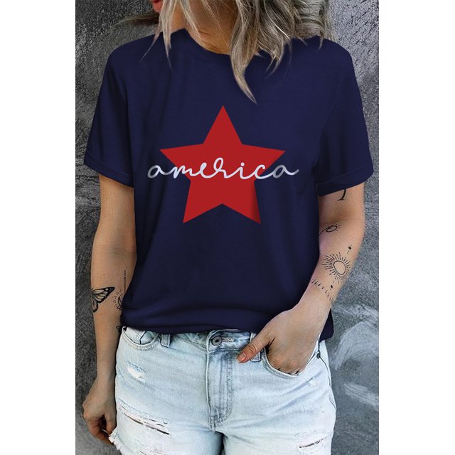 ABPHQTO Camiseta gráfica de manga corta con estampado de estrellas y letras azules de América para mujer