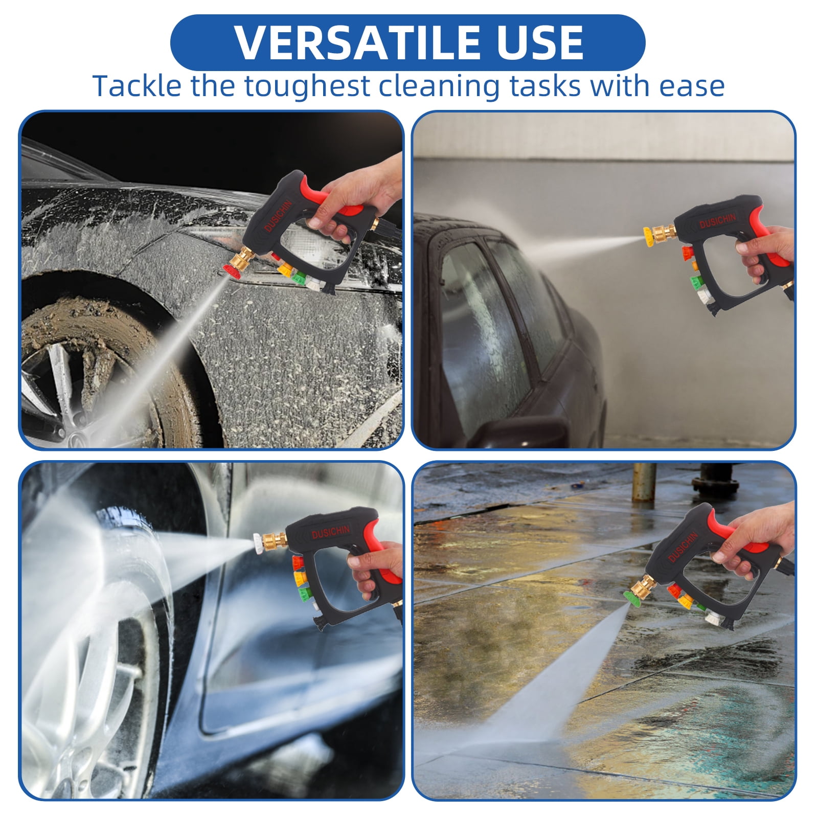 DUSICHIN Short Pressure Washer Wand High Spray Gun 5 Nozzle Tips 3000 PSI,Foam Cannon Attachment 1/4" Quick Connector Outlet,M22-14mm M22-15mm Fitting,Not Use with Garden Hose