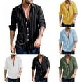 thumbnail image 5 of Mens Casual Loose Striped Shirt Long Sleeve Button Down Band Collar Shirt, 5 of 9