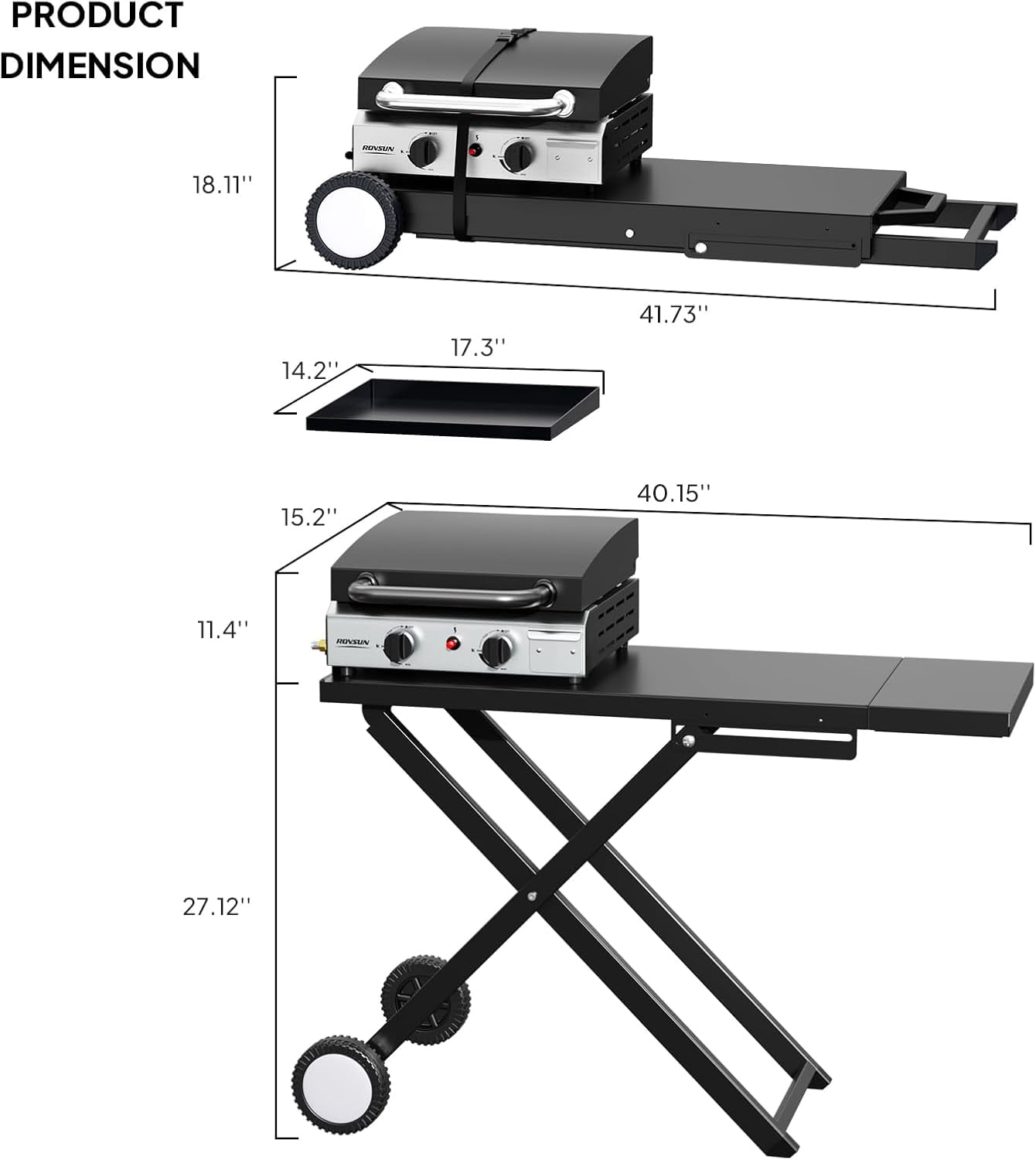 TUFFIOM 2 Burner Foldable Propane Griddle with Wheels, Enameled Tray & Lid, Portable Rolling Flat Top Gas Grill with Electronic Ignition & Regulator for Outdoor Cooking Camping BBQ Tailgating