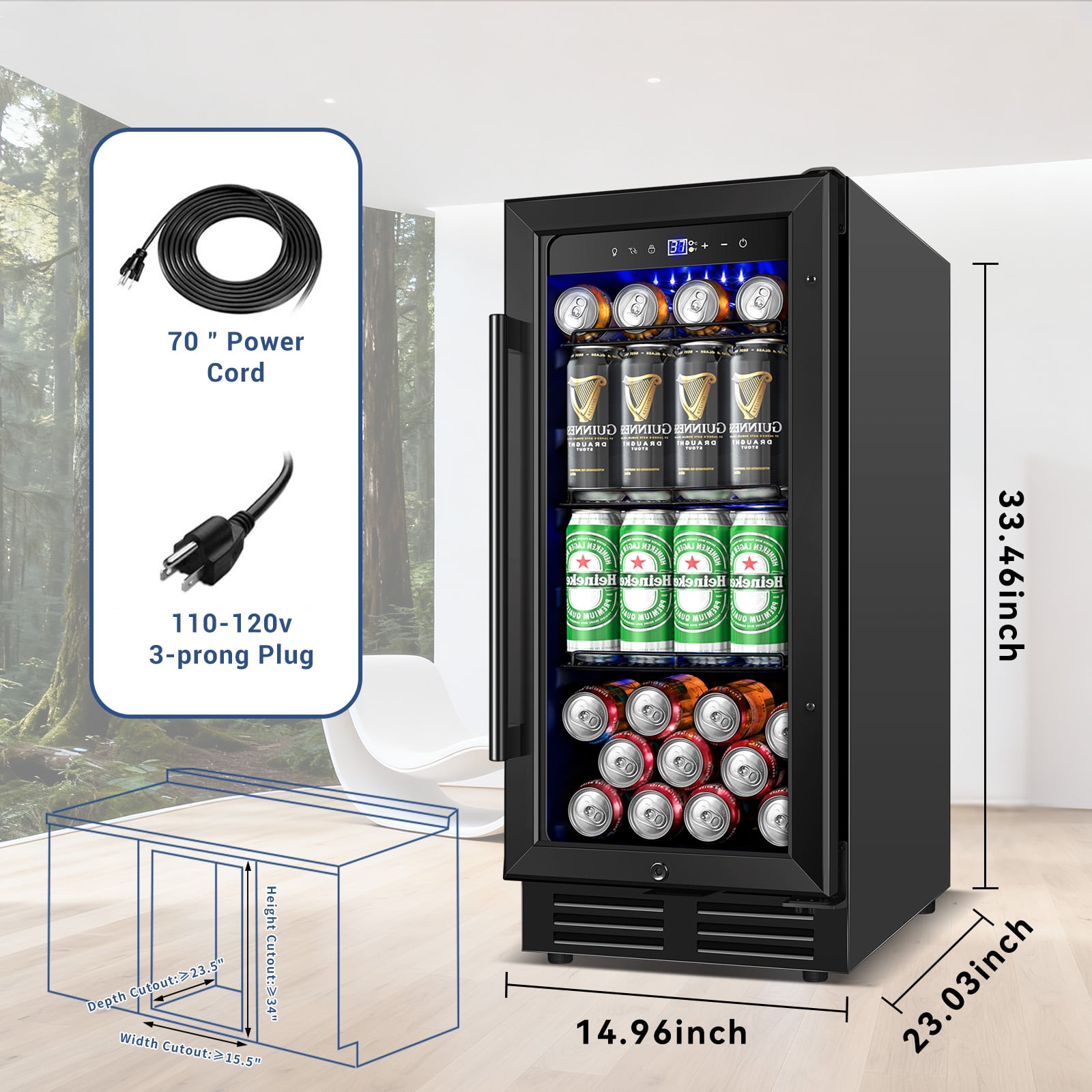 TITTLA 15 inch 130 Can Beverage Fridge,Freestanding Built-in Wine Cooler with Glass Door,Black