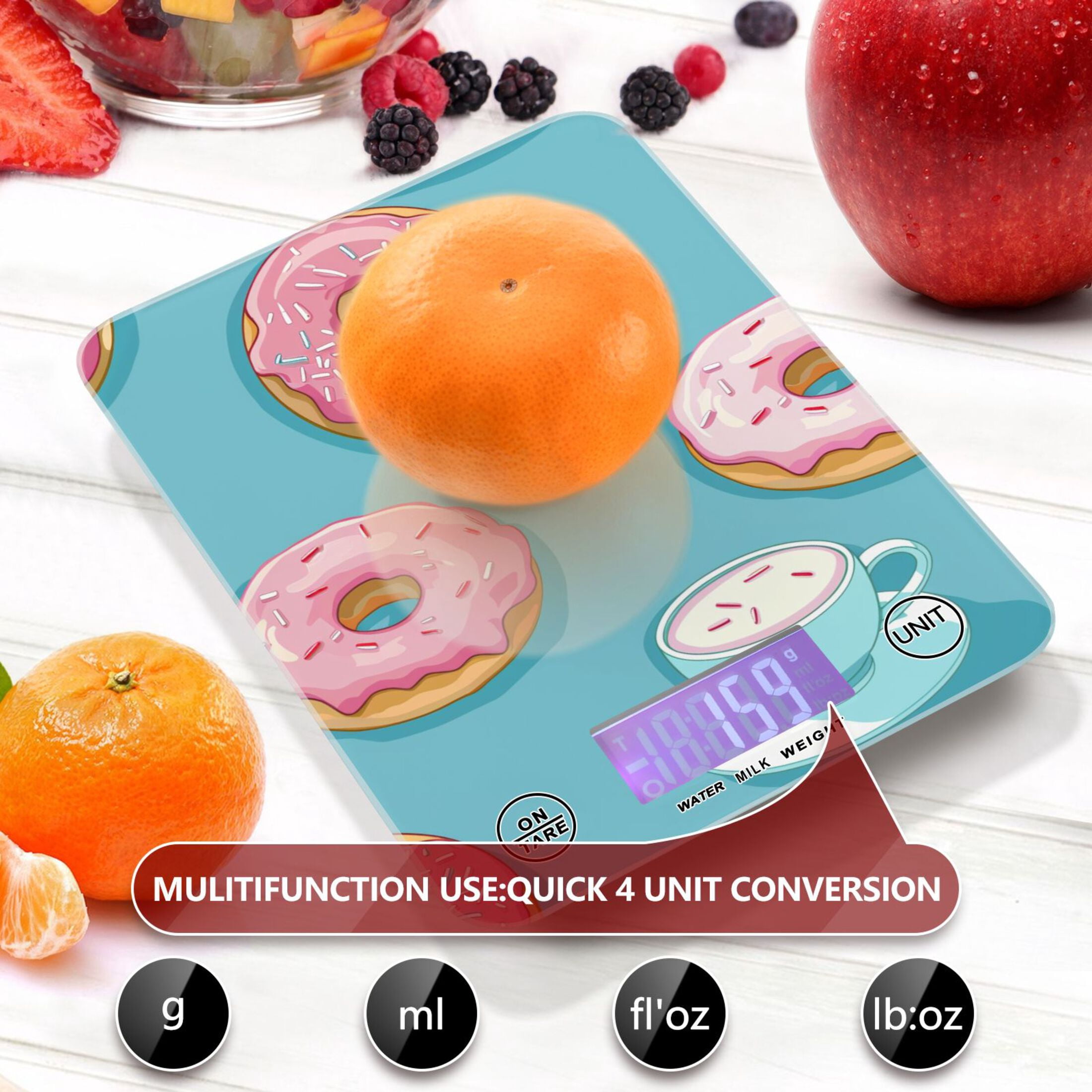 Donuts with Coffee Food Scale Digital Kitchen Scale Waterproof Tempered Glass Tare Function 11 lb for Baking Cooking Meal Prep
