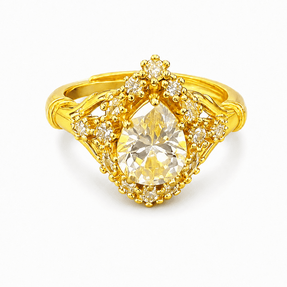 Adjustable Cubic Zirconia Ring for Women, Gold Tone Teardrop Halo Copper Ring