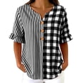 thumbnail image 2 of Molidfa Women's V-Neck Blouse 3/4 Sleeve Plaid Stretchable Pull-On Style Regular Fit Striped Casual Elegant Top, 2 of 5