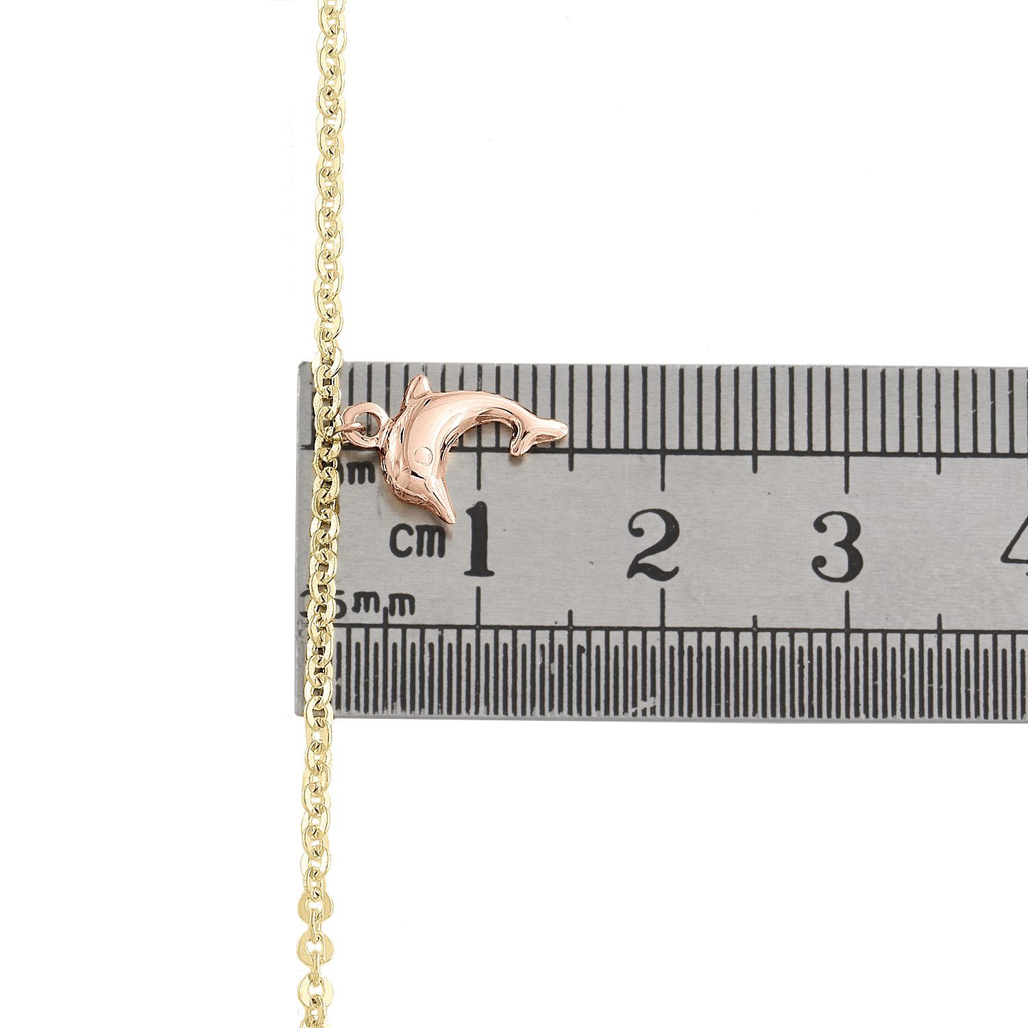14K Tri-Color Gold Fancy Rolo Link Chain 13mm Dolphins Charm Anklet 9" + 1" Ext.