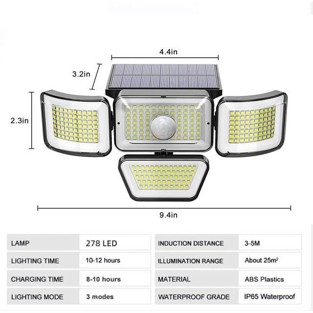 Luces solares LED para exteriores, lámpara de pared con Sensor de movimiento, iluminación de seguridad impermeable con cabeza ajustable, focos de lámpara de inundación, 368/278