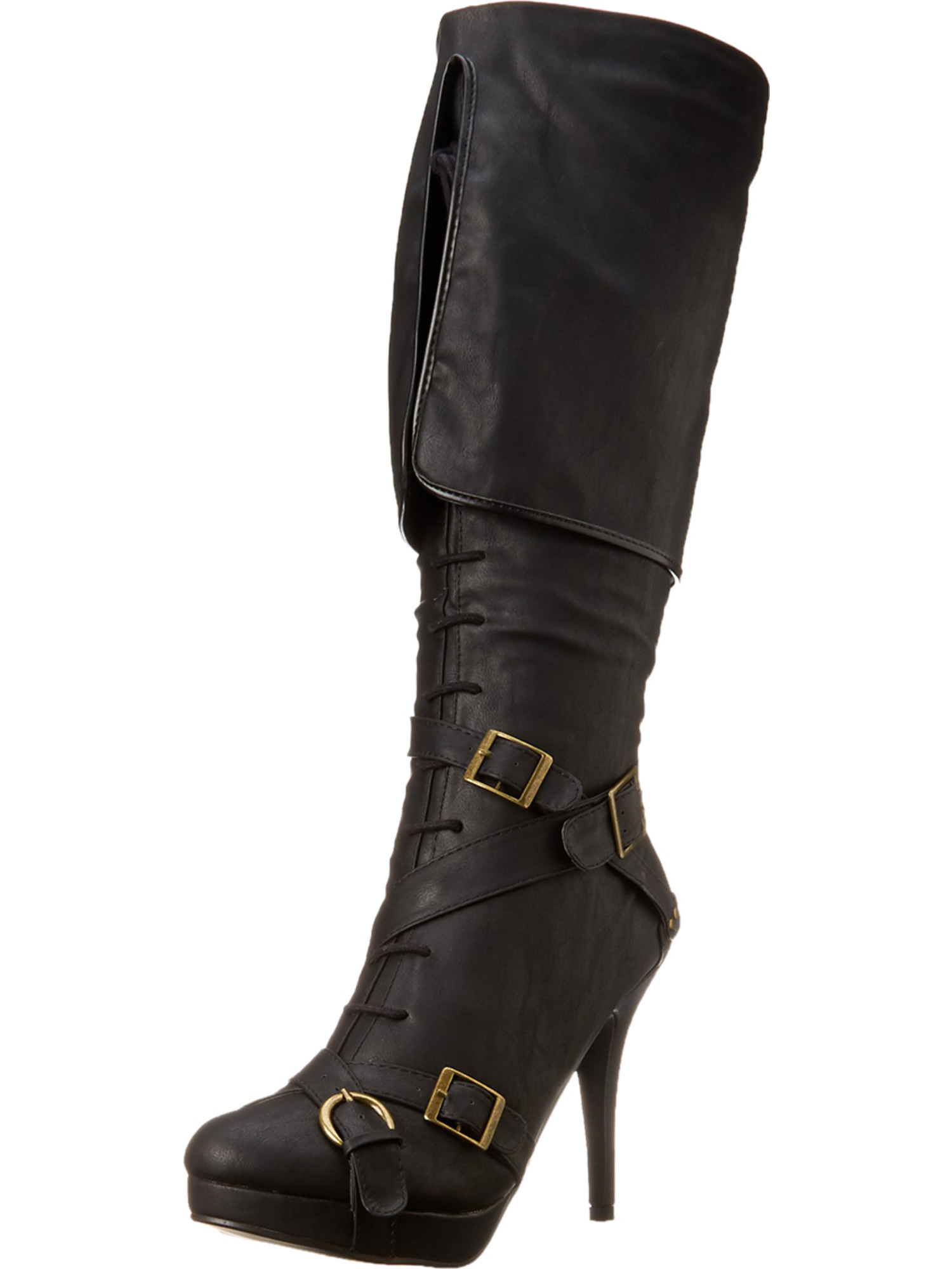 SummitFashions Womens Fold Over Boots Knee High Boots Lace Ups Black or Brown 4 Inch Heels