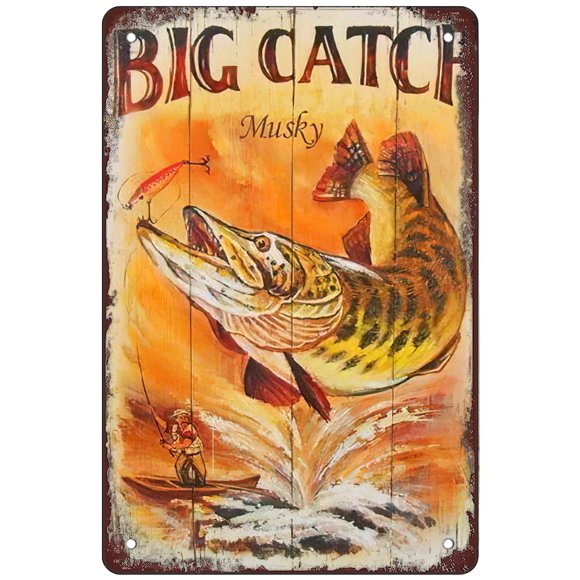 Retro Funny Metal Sign Sheet Signs Tin Sign,Musky Fish 8 x 12 Inches