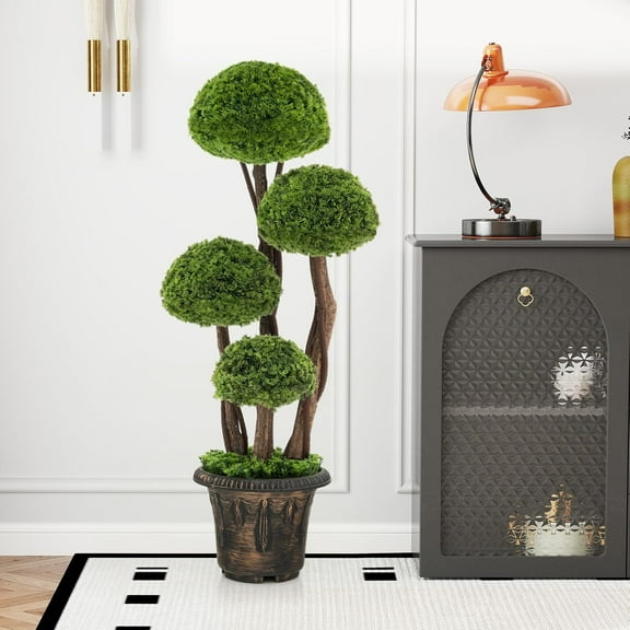 Artificial Cypress Topiary Tree 3ft Fake Plants Trees with 4 Mushroom-Shaped Ball Canopies, Wooden Trunks & Golden Flower Pot for Front Porch, Living Room, Office, Shop, Indoor Outdoor Decor