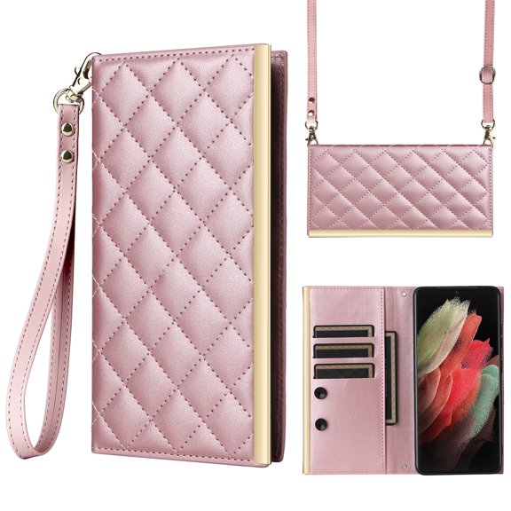 Desugned For Samsung Galaxy S21 Ultra Wallet Phone Case,With Suction Cup Fastener,Flip Folding Kickstand,With Card Slots,Wrist Strap&Shoulder Strap,Shockproof PU Leather Phone Case,Rosegold